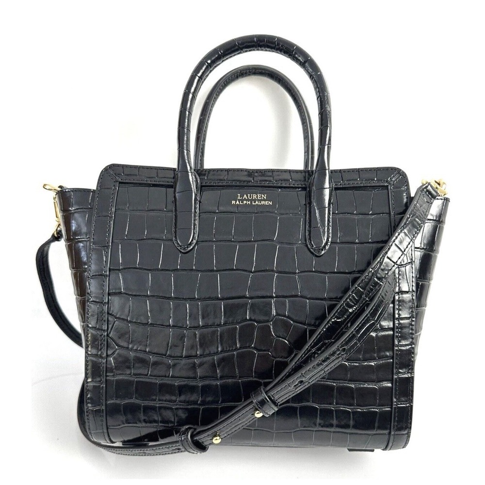 Lauren Ralph Lauren Crocodile Embossed Leather Medium Tote Bag Black NWOT